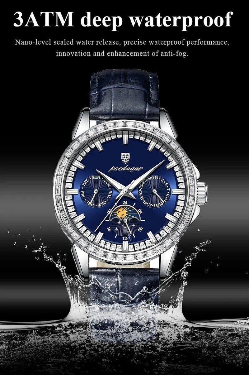 Men Luxury Sport Watch Waterproof Quartz Leather Date Week Display Watch Gift