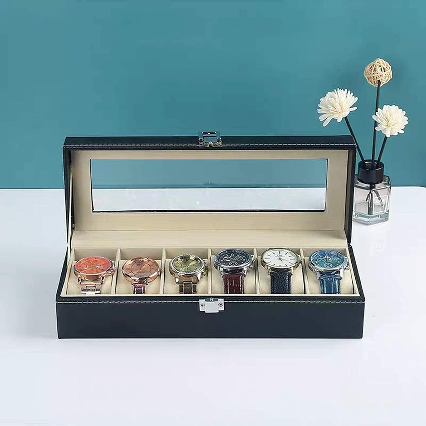 Watch Box Display Case, Leather Storage Organizer with Glass Top for Men and Women, 6 Slot, Black
