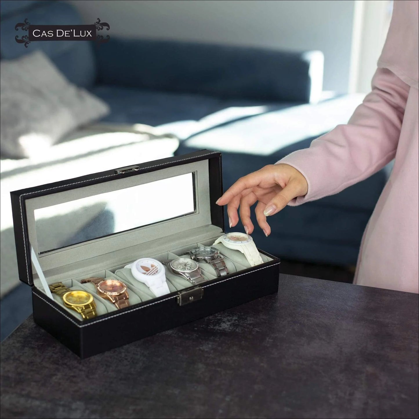 Luxury Watch Box 6 Velvet Pillow Slots, Premium Display Case with Framed Glass Lid, Elegant Contrast Stitching, Sturdy & Secure Lock - by