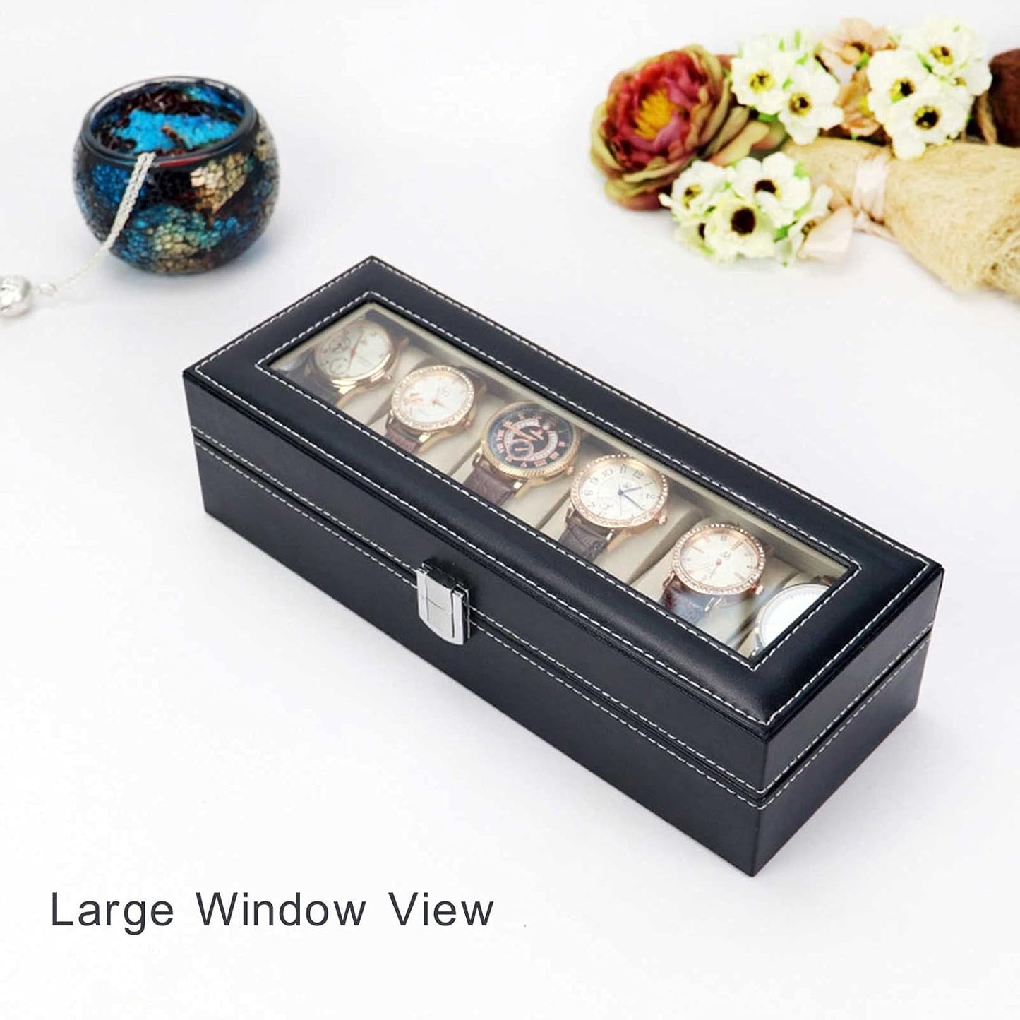 Watch Box Display Case, Leather Storage Organizer with Glass Top for Men and Women, 6 Slot, Black