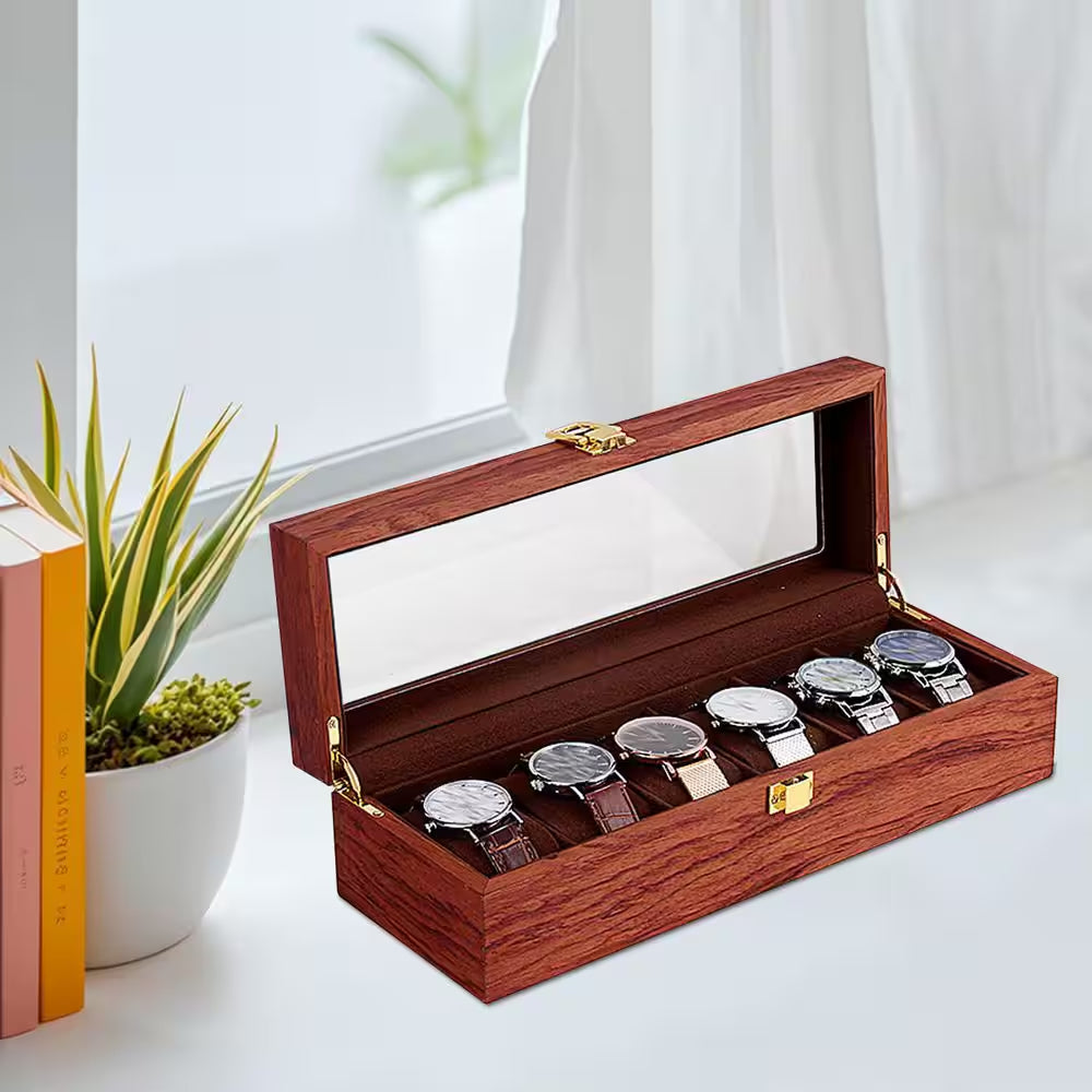 6 Slots Vintage Red Wooden Watch Box Display Organizer Jewelry Storage Case