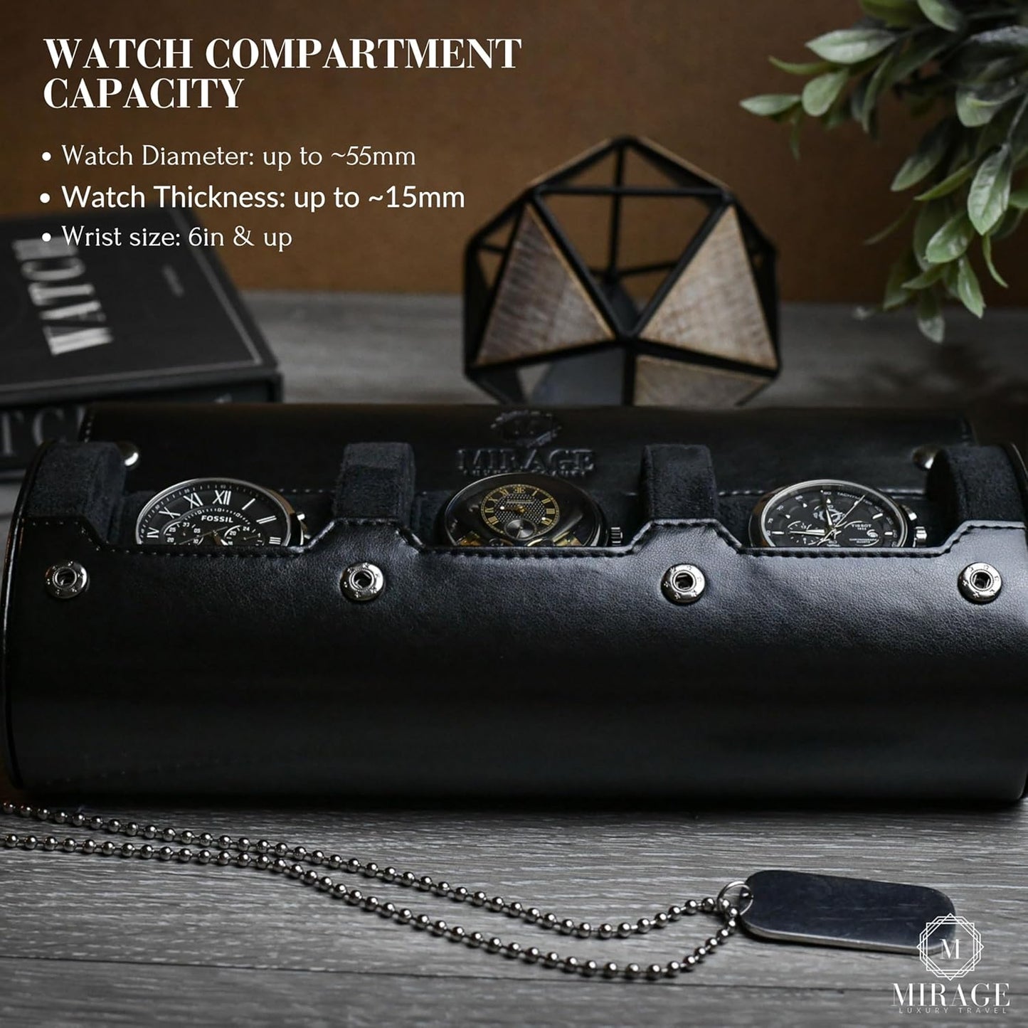 Travel Watch Case – 3 Watch Organizer Travel for Men Super Black Motif Vegan Leather