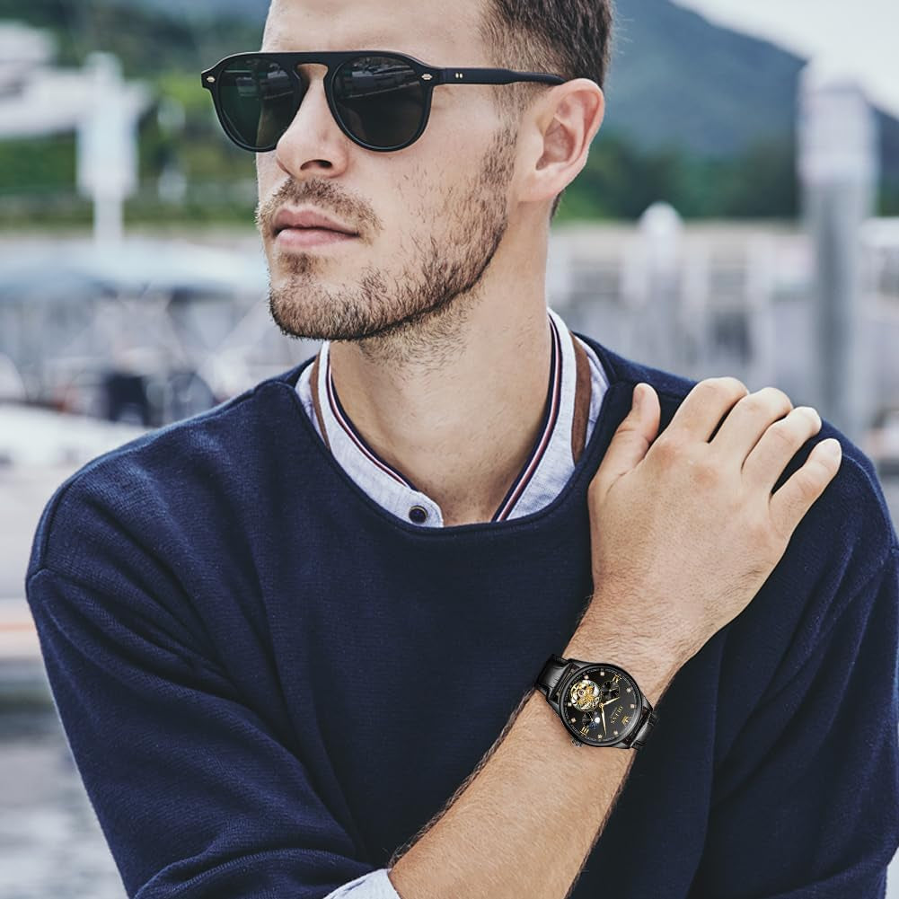Dress Automatic Watch for Men Luxury Diamond Mechanical Self Winding Black Face Black Leather Strap Waterproof Luminous Men Wrist Watches
