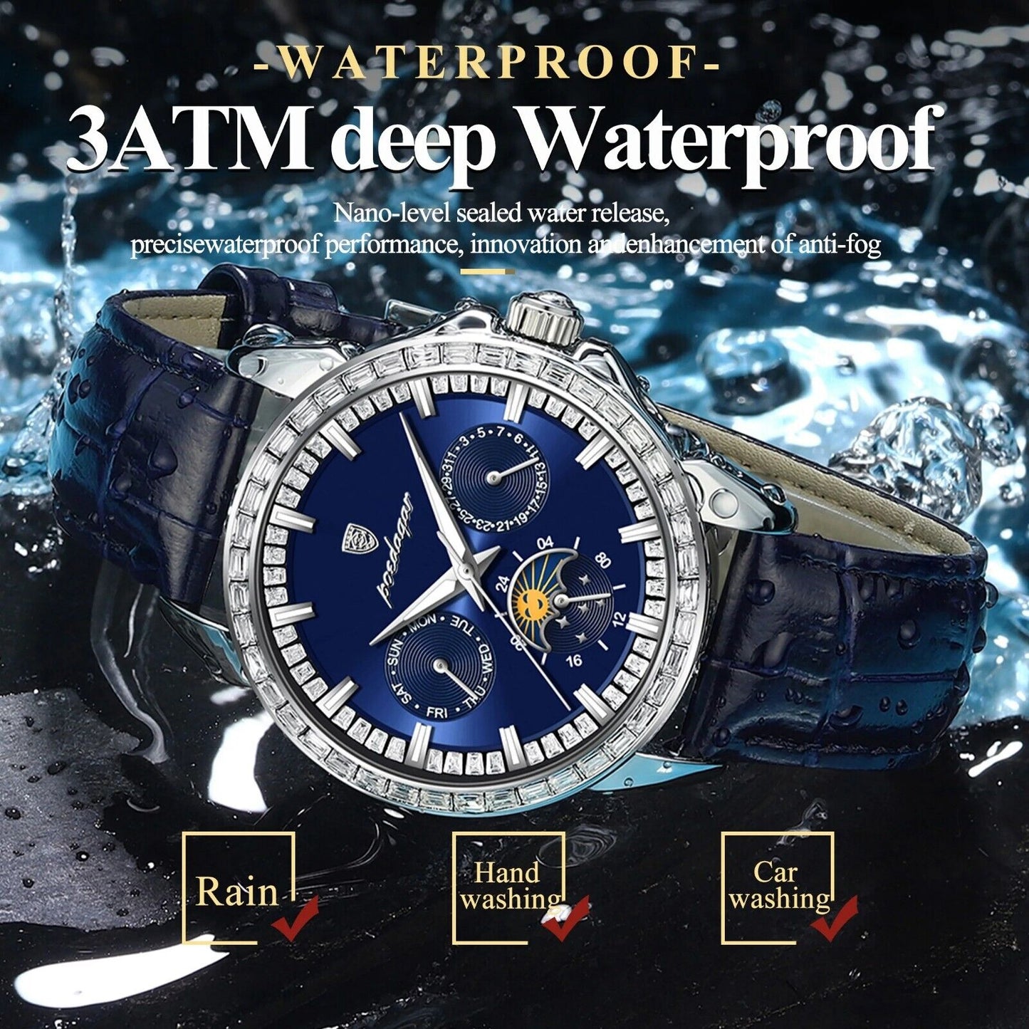 Men Luxury Sport Watch Waterproof Quartz Leather Date Week Display Watch Gift