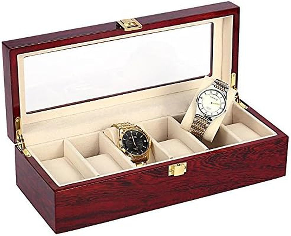 Zymise Watch Jewelry Box for Men 6 Slot Watch Case Display Box,Large Watch Display Case Organizer with Real Glass Window Top (6 Slots)