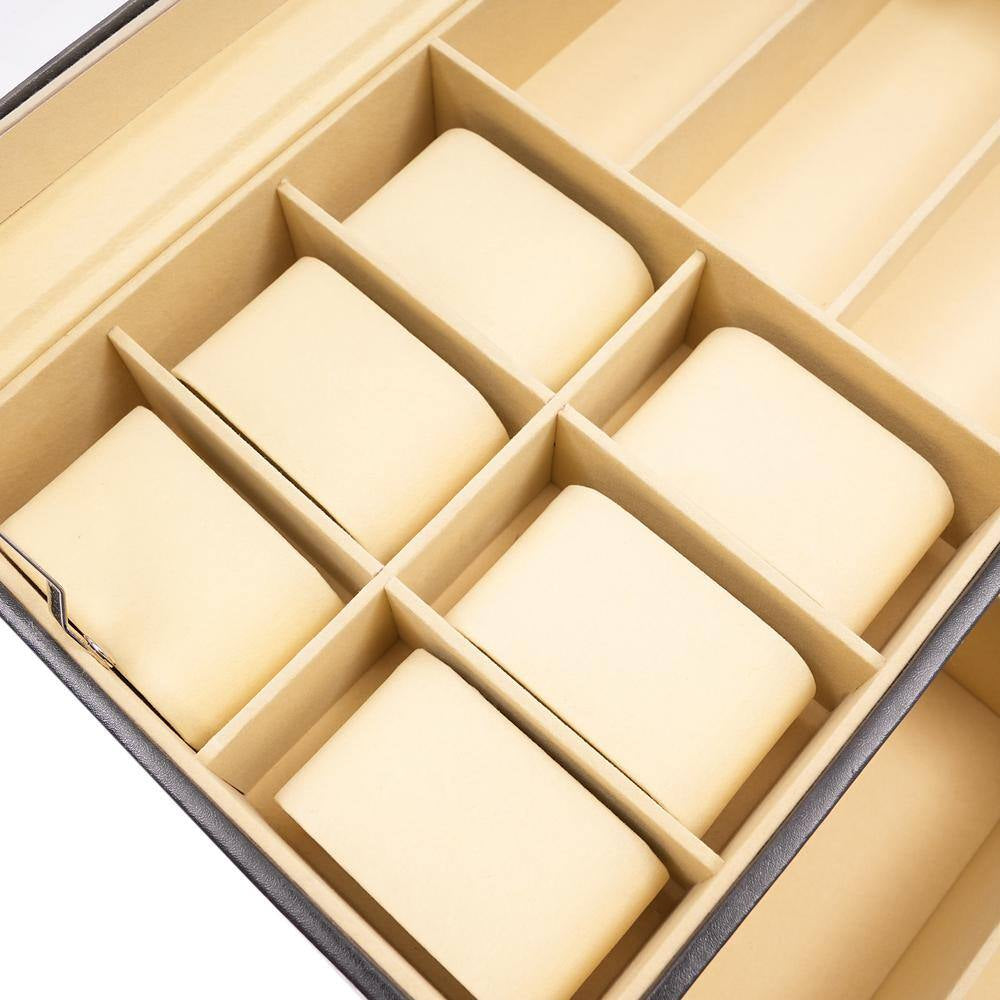 Black Leather 6-Watch and 9-Piece Eyeglasses Storage Display Box