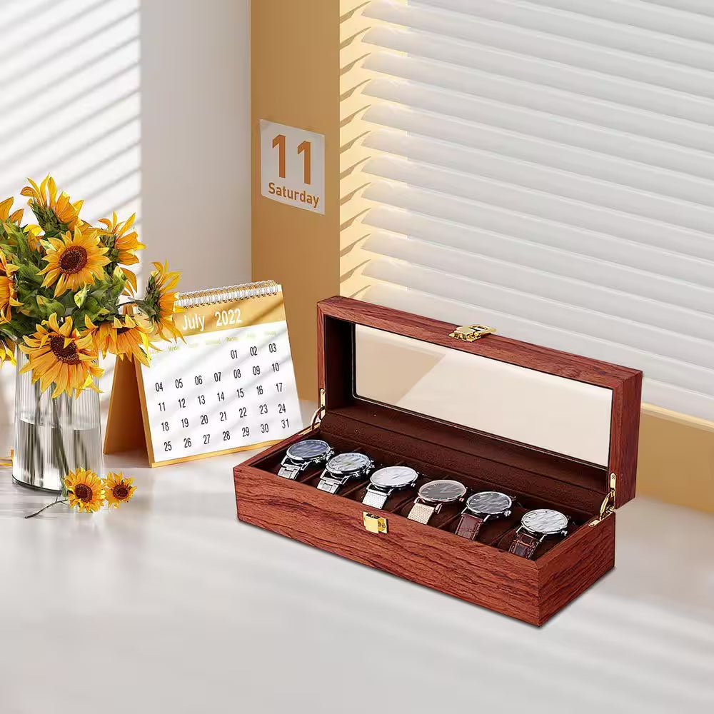 6 Slots Vintage Red Wooden Watch Box Display Organizer Jewelry Storage Case