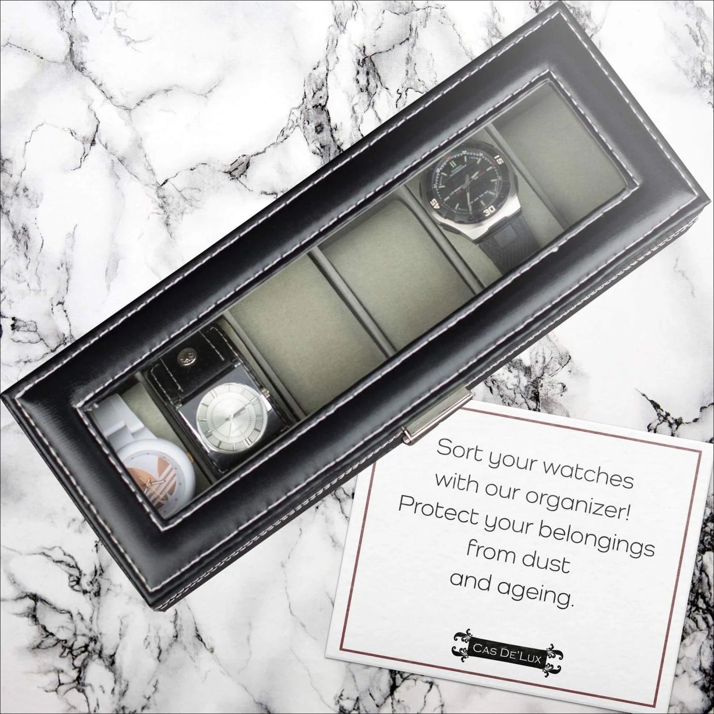 Luxury Watch Box 6 Velvet Pillow Slots, Premium Display Case with Framed Glass Lid, Elegant Contrast Stitching, Sturdy & Secure Lock - by