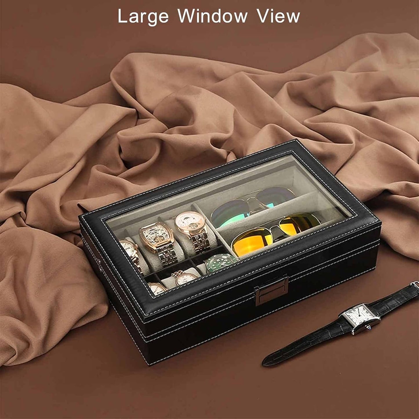 Watch Box, Sunglasses Display Case, Jewelry Storage Organizer with Glass Top for Men Women, Black