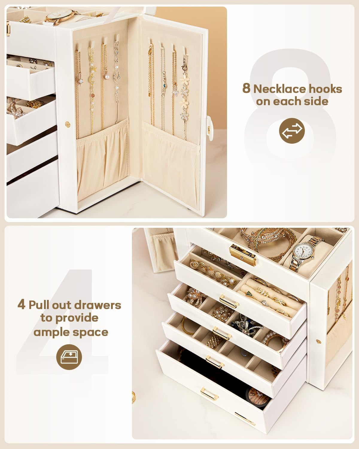 Synthetic Leather Huge Jewelry Box Mirrored Watch Organizer Necklace Ring Earring Storage Lockable Gift Case (White + Gold)