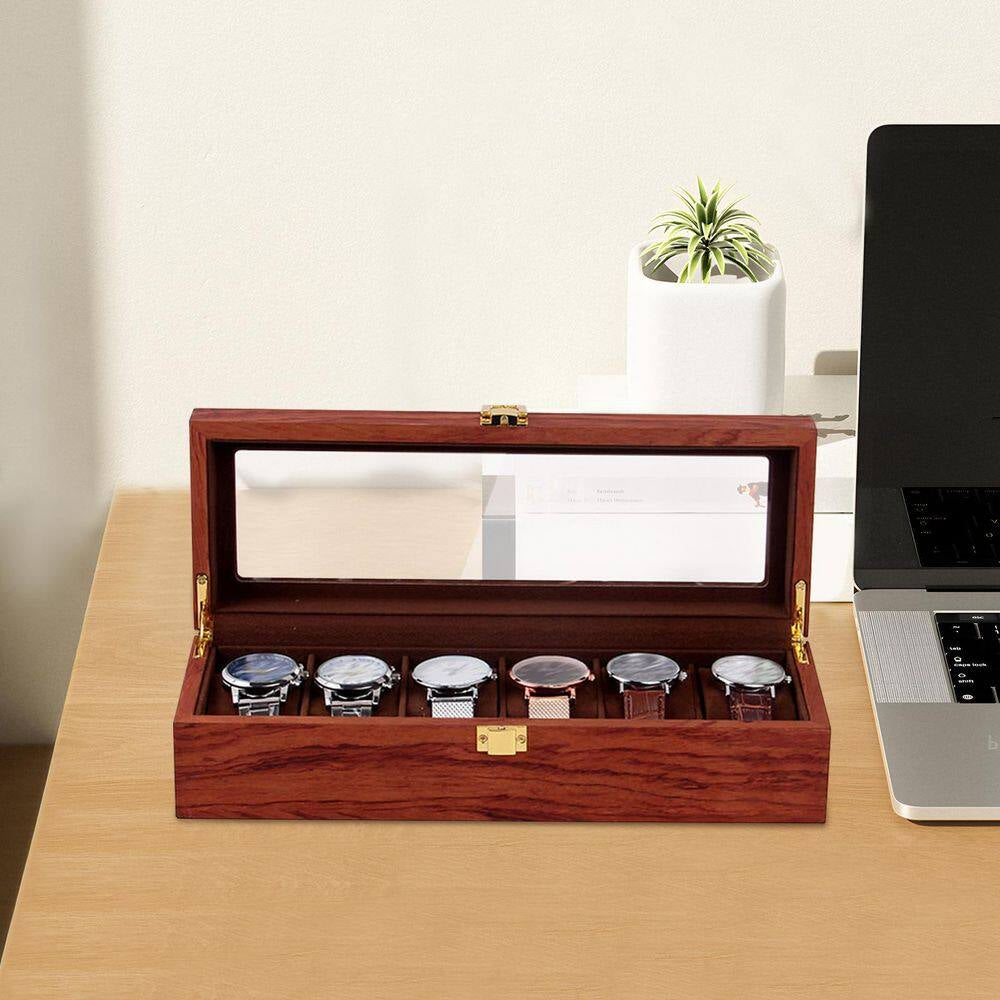 6 Slots Vintage Red Wooden Watch Box Display Organizer Jewelry Storage Case