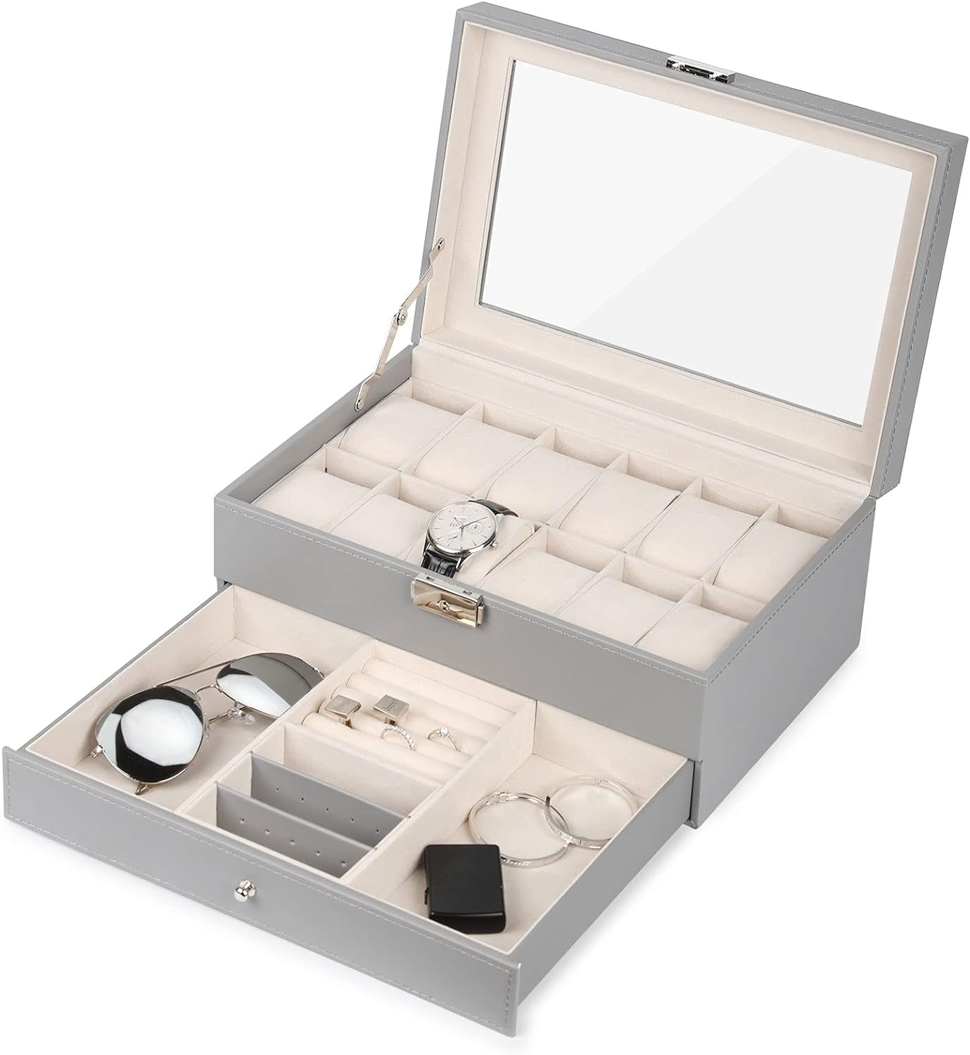 Watch Box 12 Slots, PU Leather Jewelry Box with Acrylic Top, Gray Display Case Organizer for Men and Women