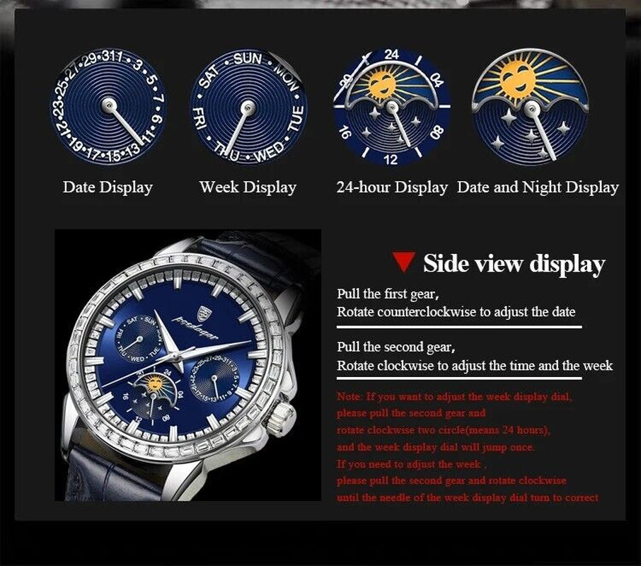 Men Luxury Sport Watch Waterproof Quartz Leather Date Week Display Watch Gift
