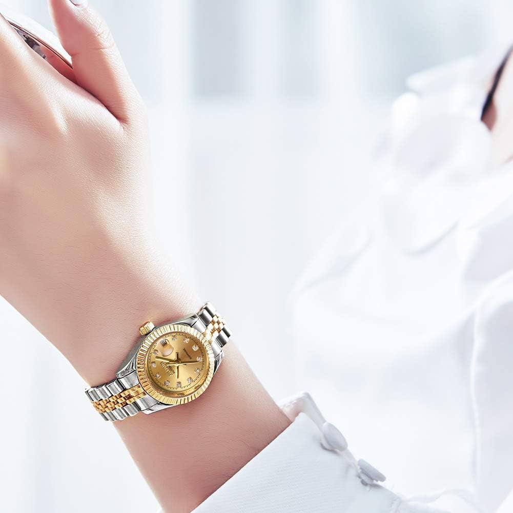 Automatic Watches for Womens Ladies Gold and Silver Two Tone Stainless Steel Waterproof Date Small Wrist Watches Luxury Dress Business Classic Style