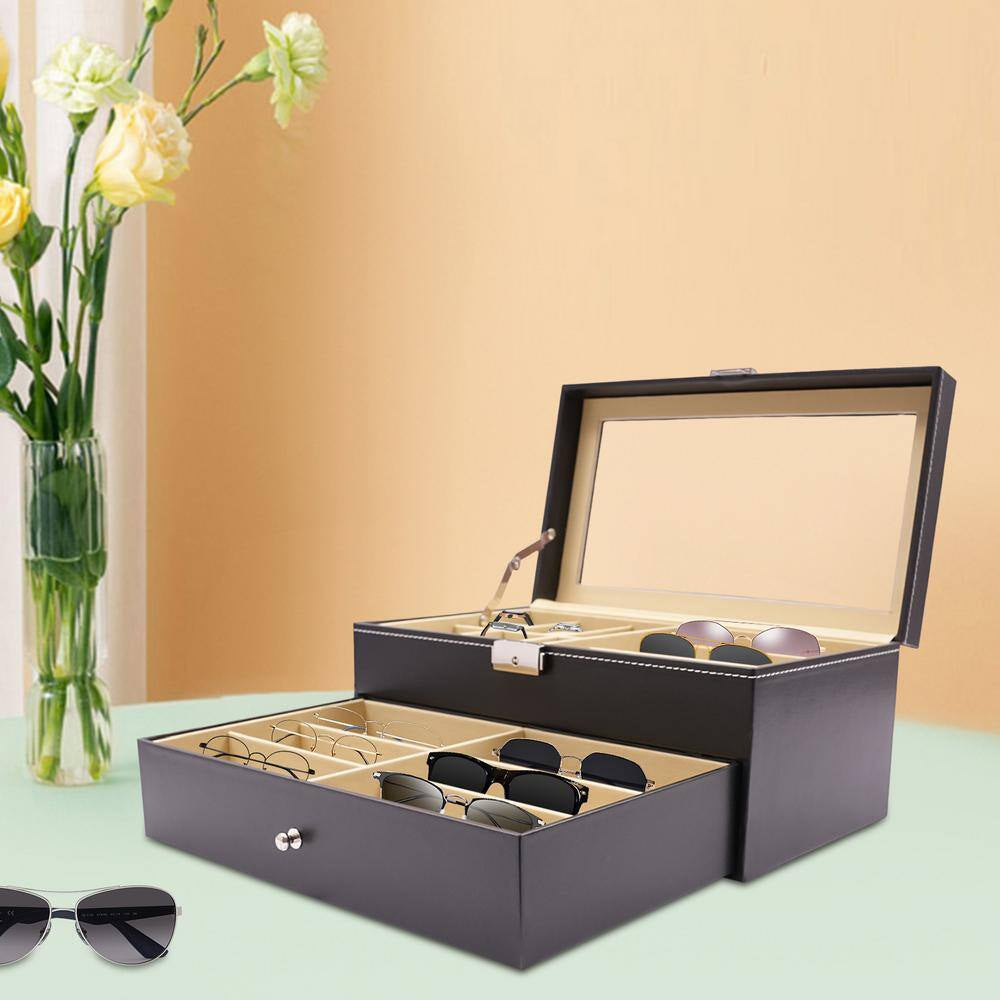 Black Leather 6-Watch and 9-Piece Eyeglasses Storage Display Box