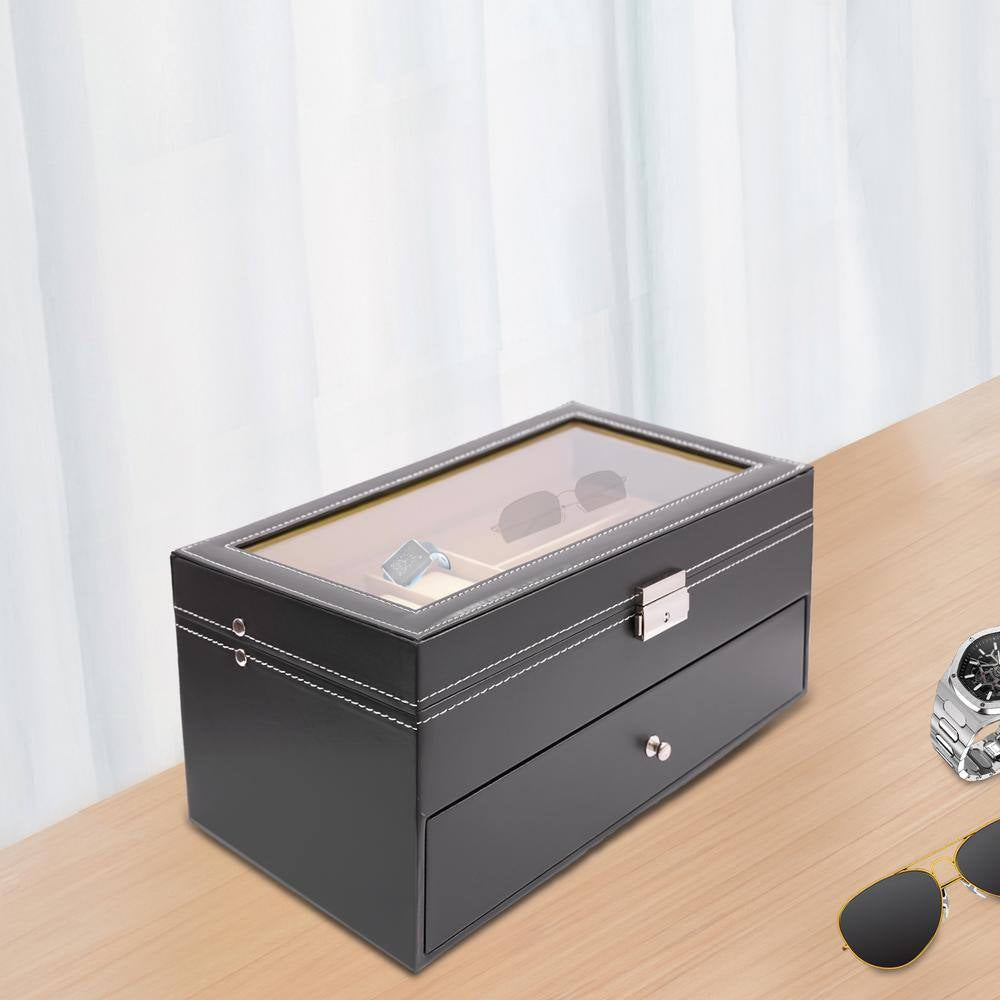Black Leather 6-Watch and 9-Piece Eyeglasses Storage Display Box