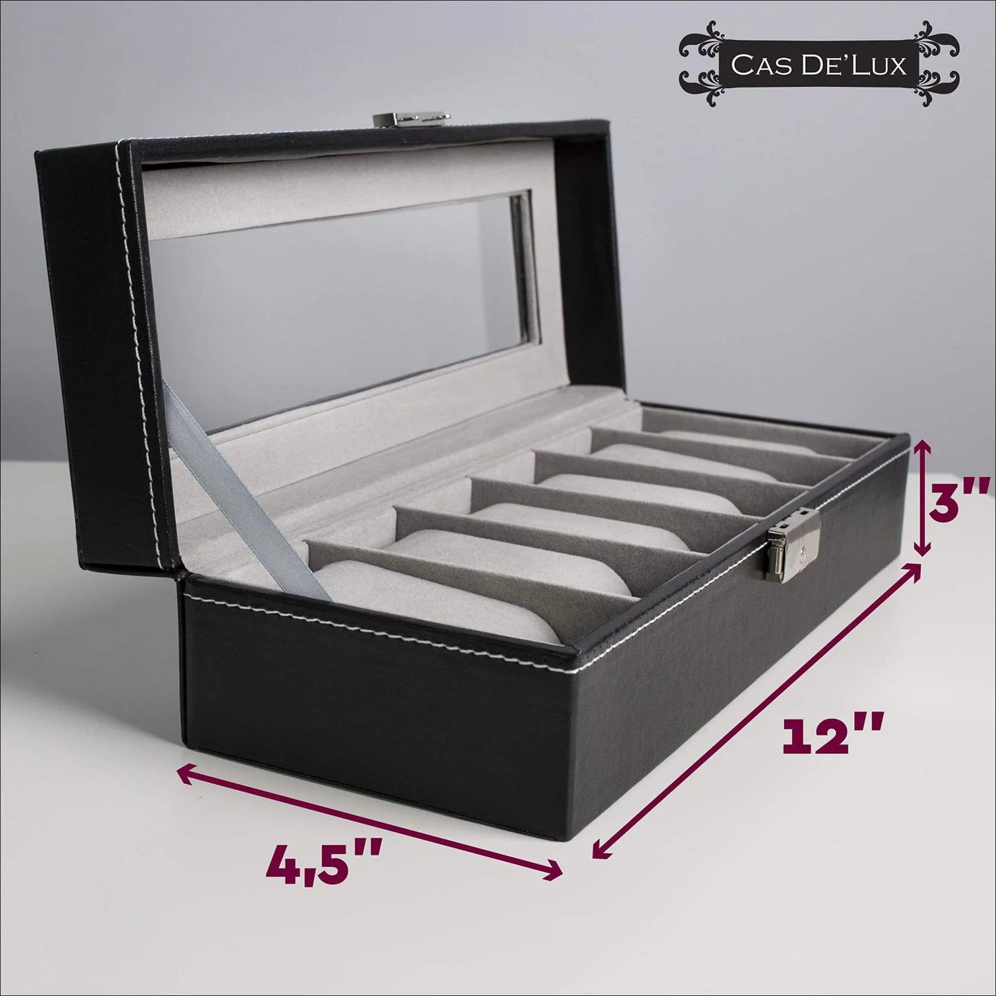 Luxury Watch Box 6 Velvet Pillow Slots, Premium Display Case with Framed Glass Lid, Elegant Contrast Stitching, Sturdy & Secure Lock - by