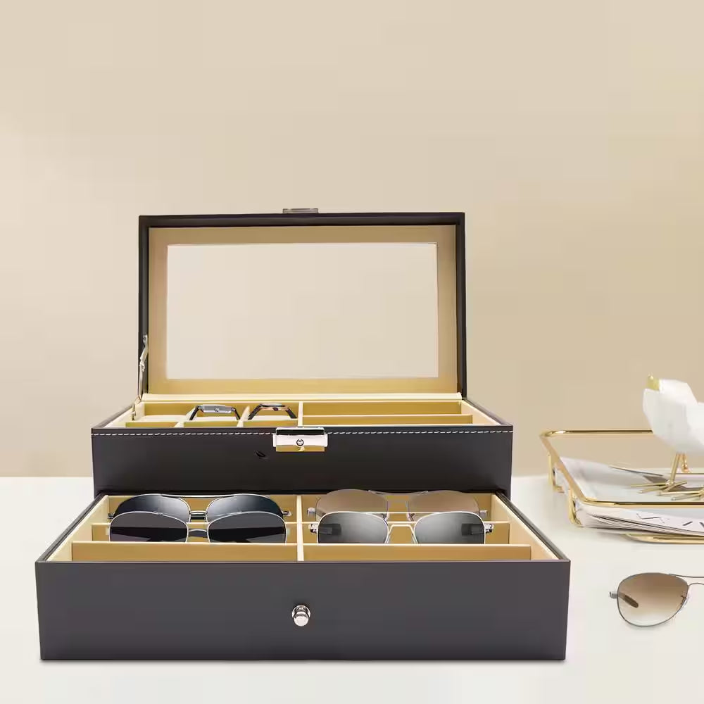 Black Leather 6-Watch and 9-Piece Eyeglasses Storage Display Box