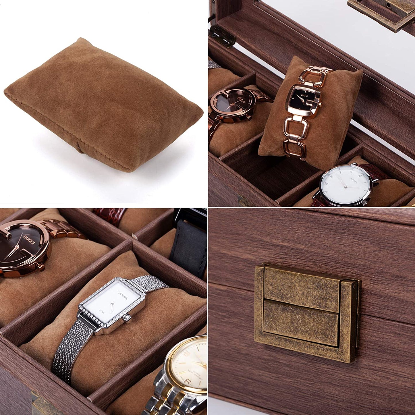 10 Slot PU Leather Watch Box Organizer Watch Case with Glass Top