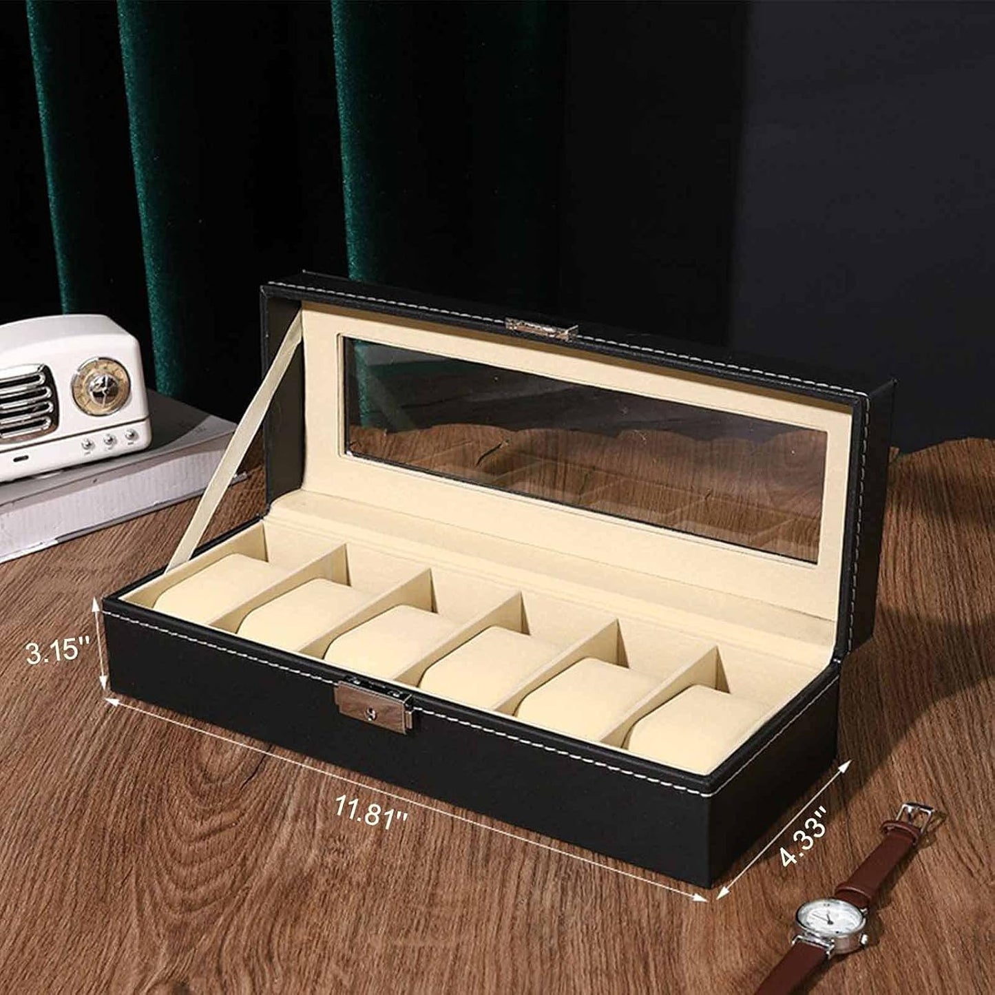 Watch Box Display Case, Leather Storage Organizer with Glass Top for Men and Women, 6 Slot, Black