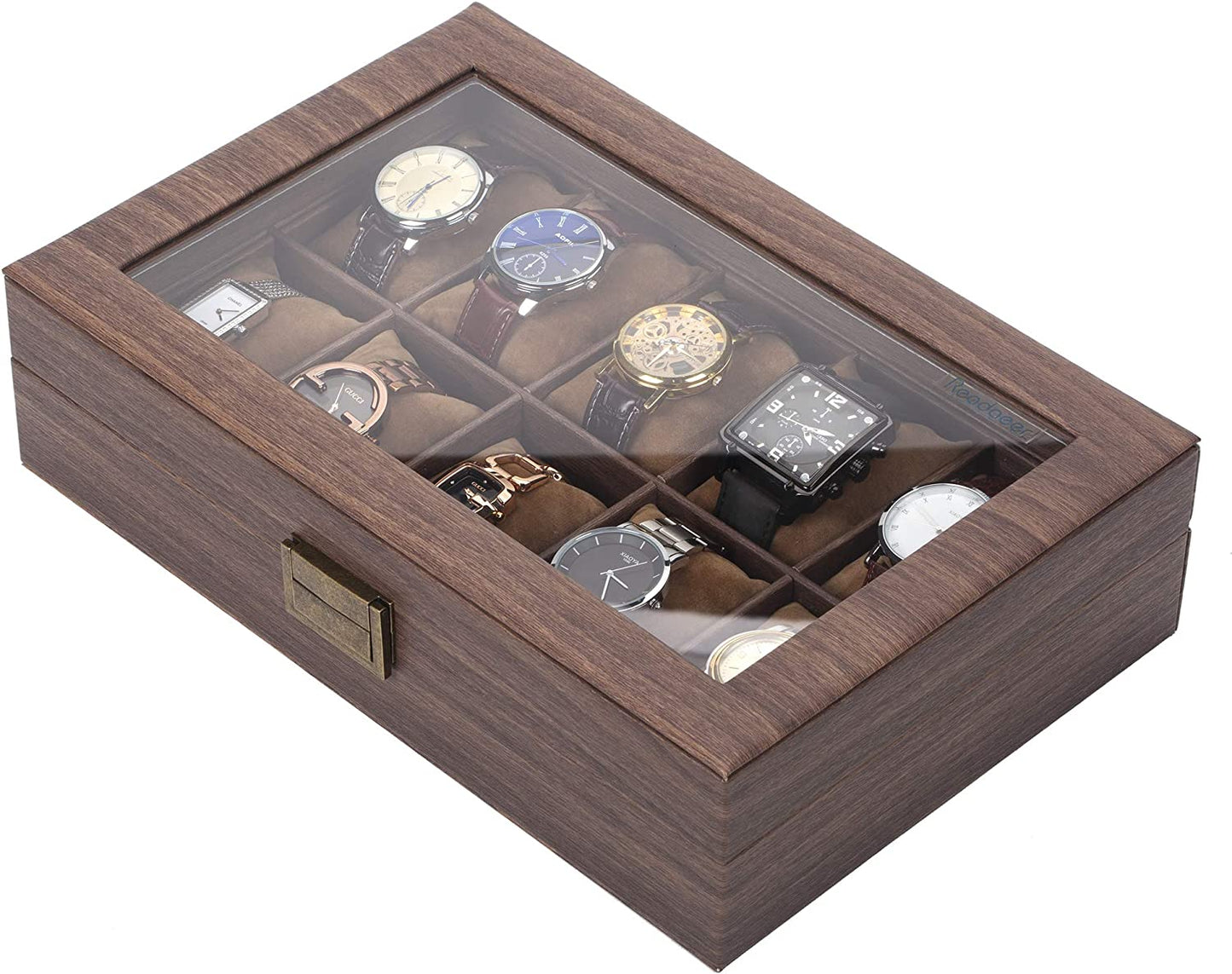 10 Slot PU Leather Watch Box Organizer Watch Case with Glass Top