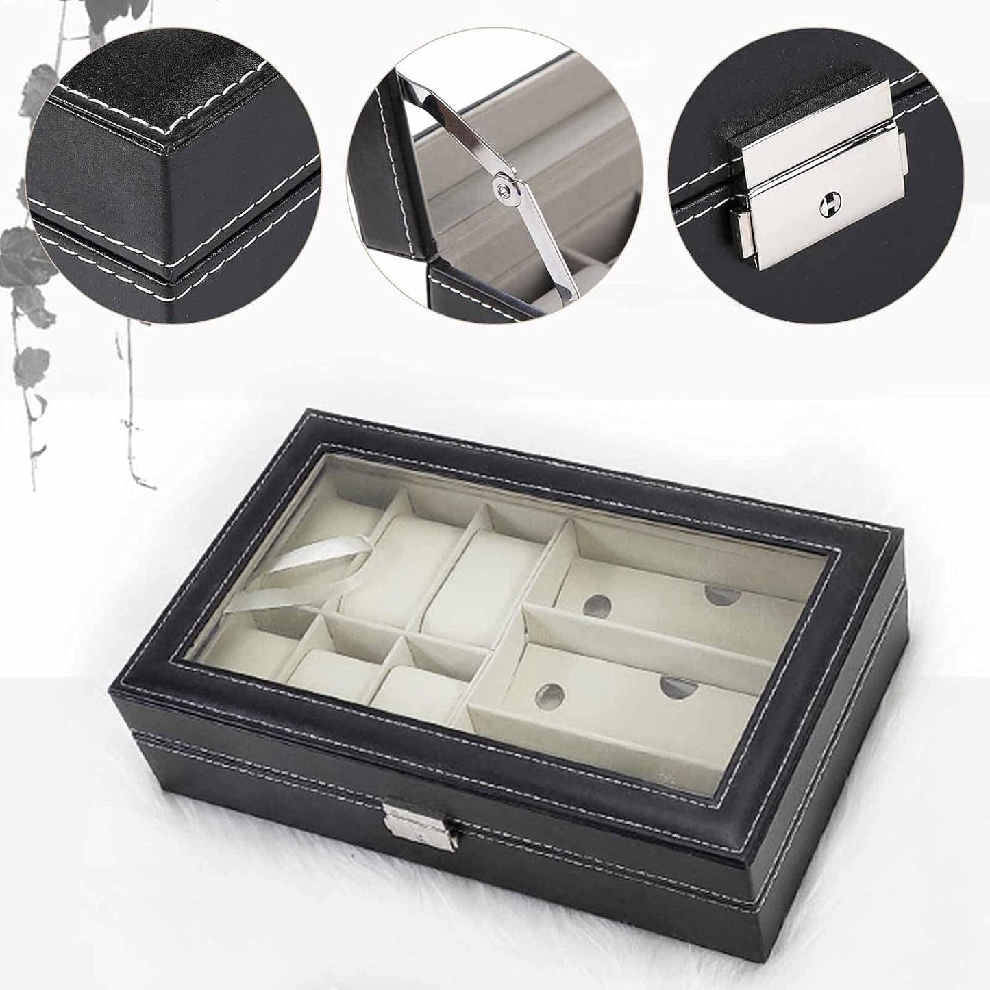 Watch Box, Sunglasses Display Case, Jewelry Storage Organizer with Glass Top for Men Women, Black