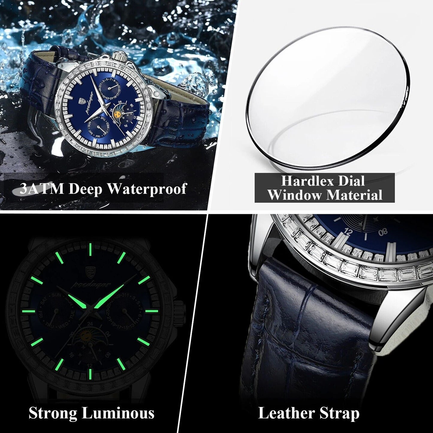 Men Luxury Sport Watch Waterproof Quartz Leather Date Week Display Watch Gift