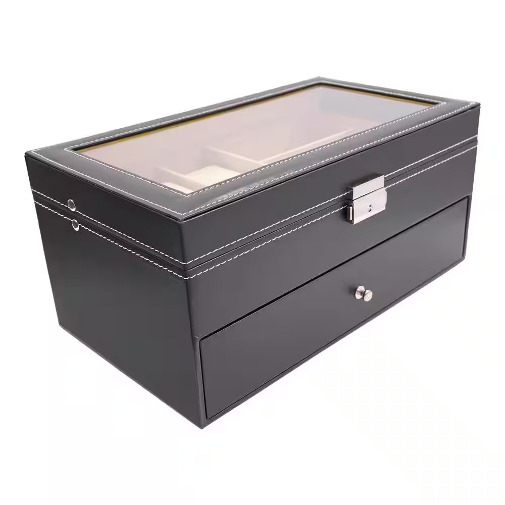 Black Leather 6-Watch and 9-Piece Eyeglasses Storage Display Box