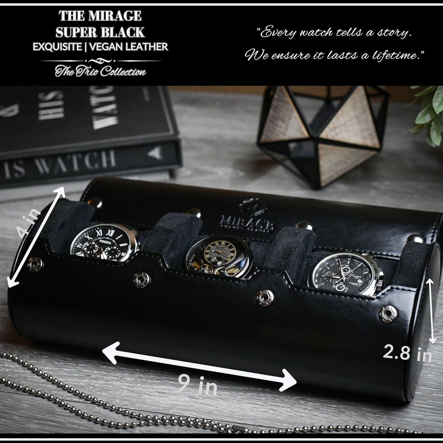 Travel Watch Case – 3 Watch Organizer Travel for Men Super Black Motif Vegan Leather