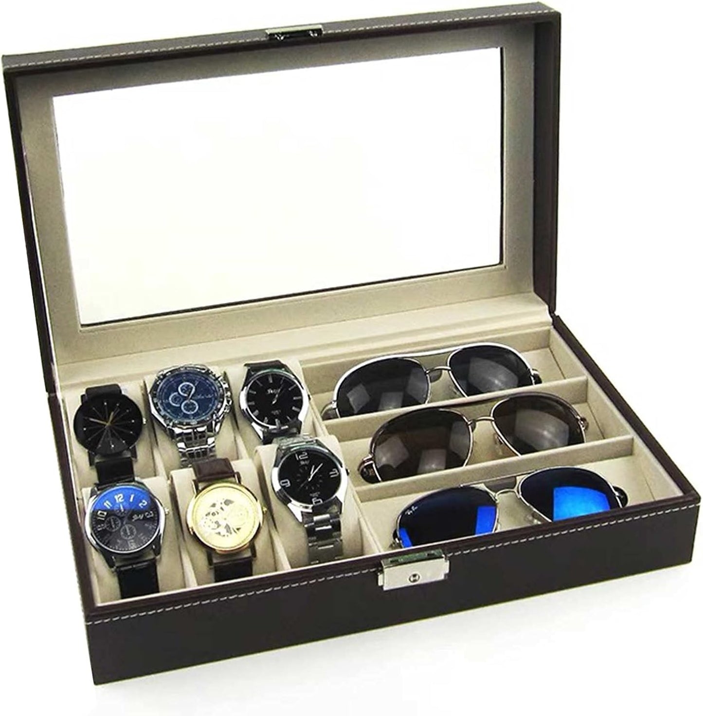 Watch Box, Sunglasses Display Case, Jewelry Storage Organizer with Glass Top for Men Women, Black