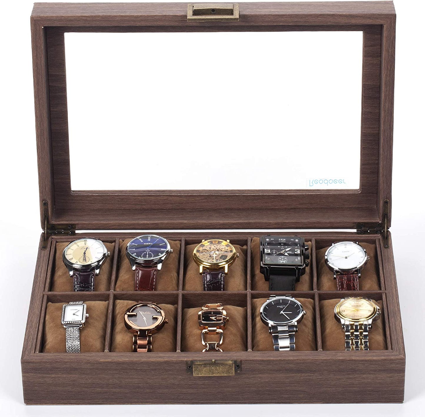 10 Slot PU Leather Watch Box Organizer Watch Case with Glass Top
