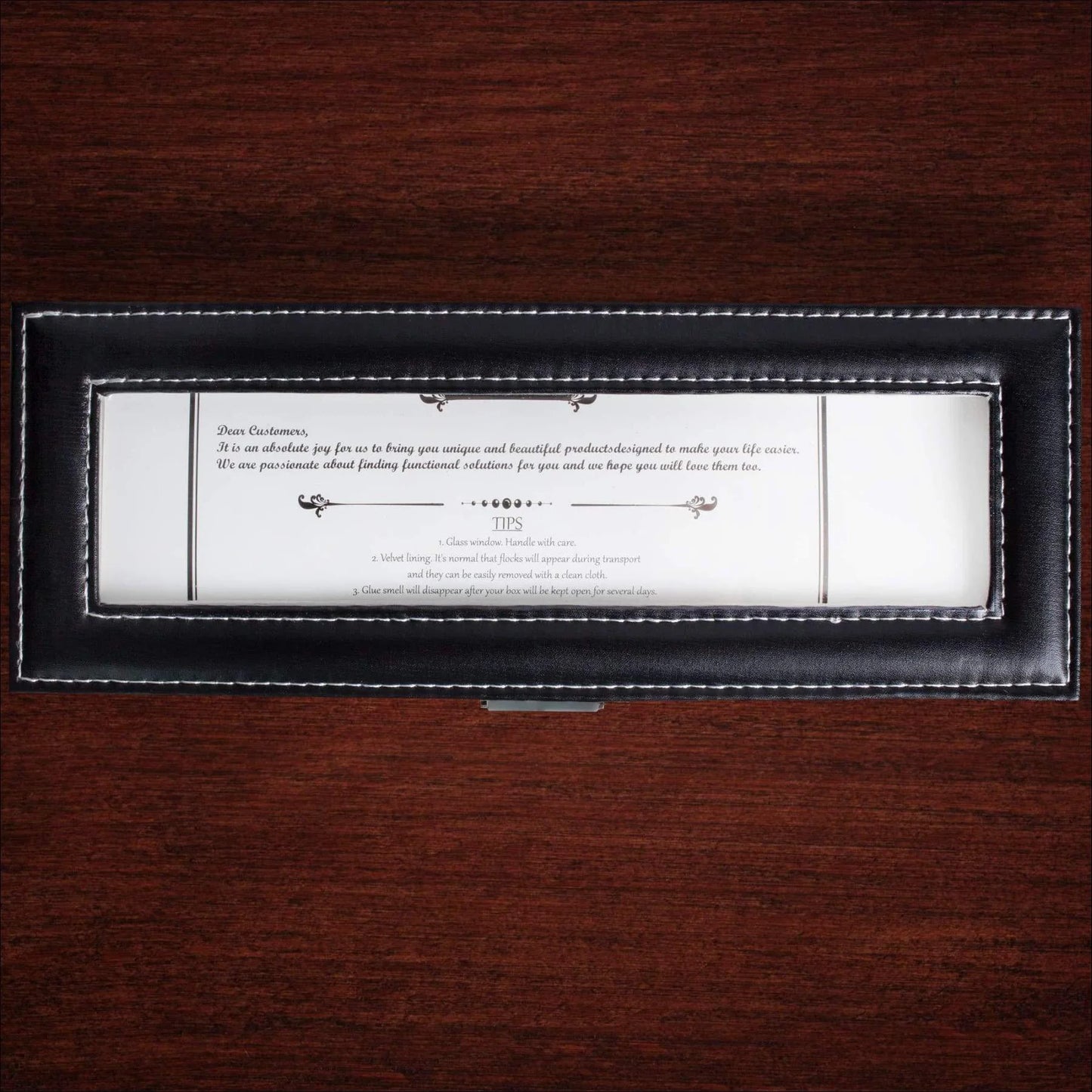 Luxury Watch Box 6 Velvet Pillow Slots, Premium Display Case with Framed Glass Lid, Elegant Contrast Stitching, Sturdy & Secure Lock - by