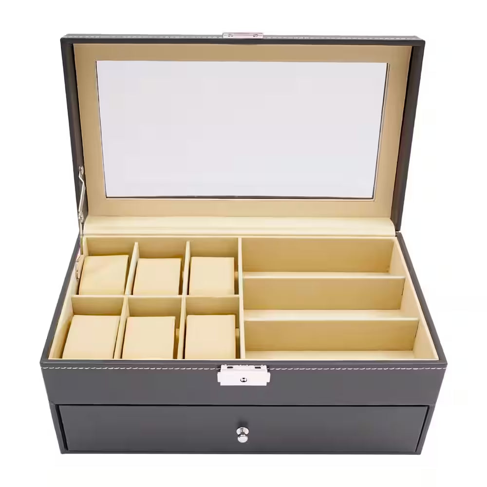 Black Leather 6-Watch and 9-Piece Eyeglasses Storage Display Box