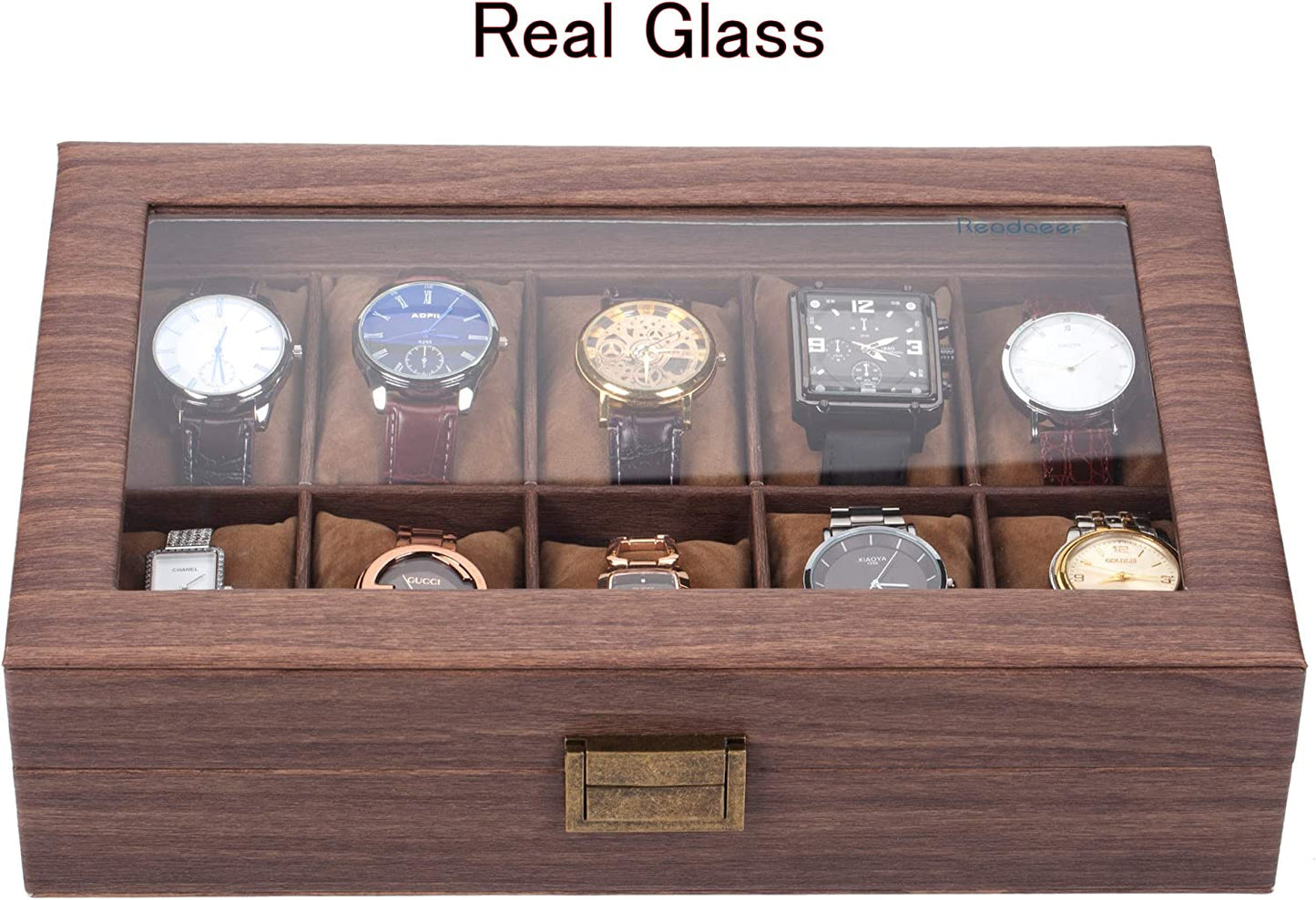 10 Slot PU Leather Watch Box Organizer Watch Case with Glass Top