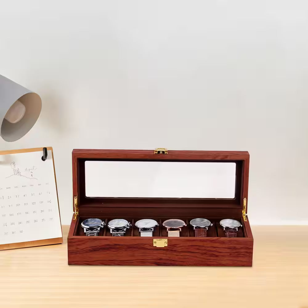 6 Slots Vintage Red Wooden Watch Box Display Organizer Jewelry Storage Case