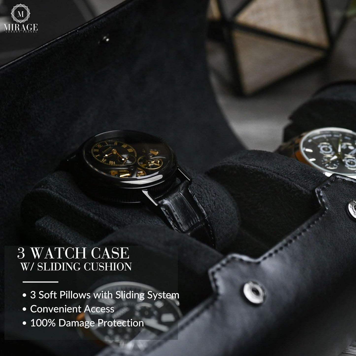 Travel Watch Case – 3 Watch Organizer Travel for Men Super Black Motif Vegan Leather