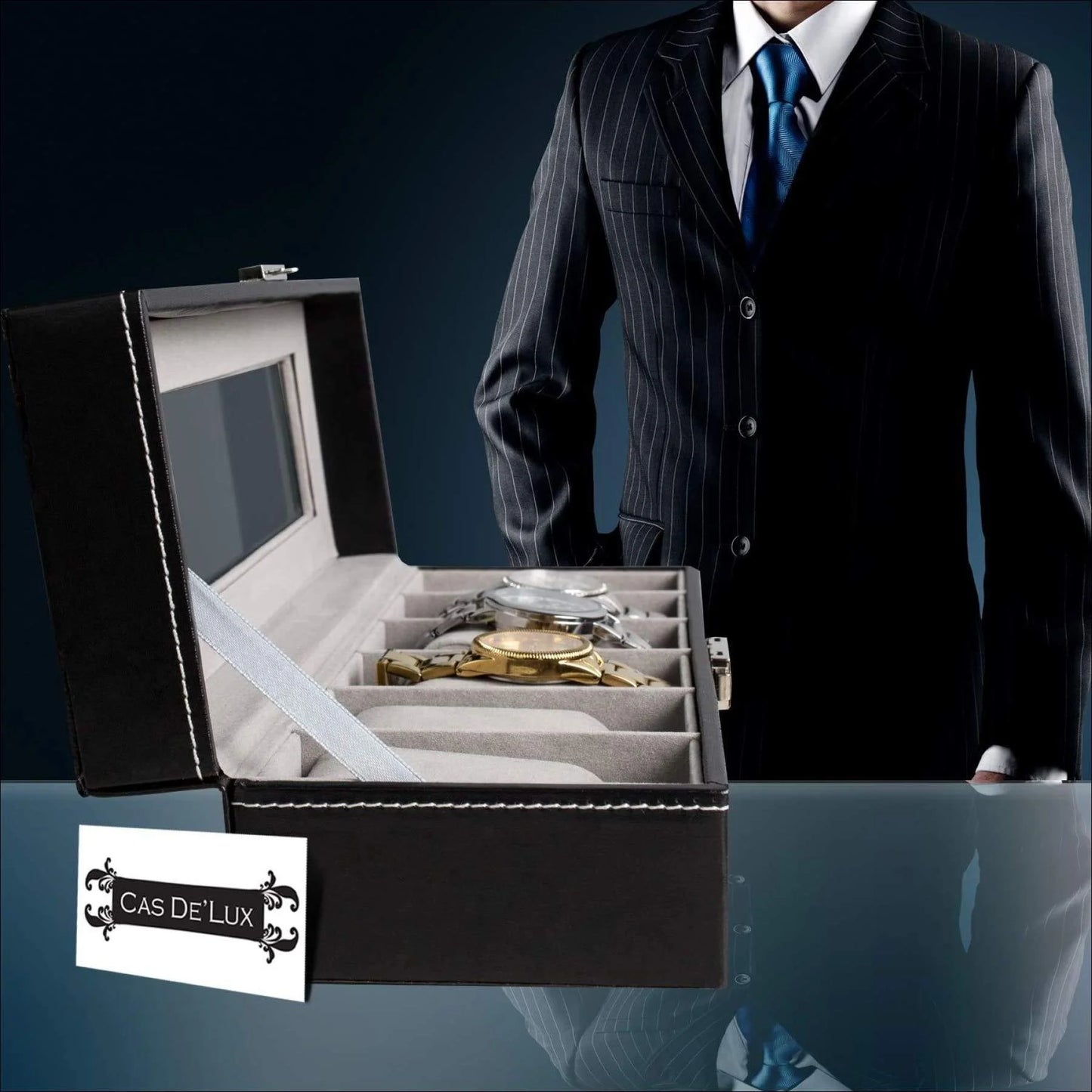 Luxury Watch Box 6 Velvet Pillow Slots, Premium Display Case with Framed Glass Lid, Elegant Contrast Stitching, Sturdy & Secure Lock - by