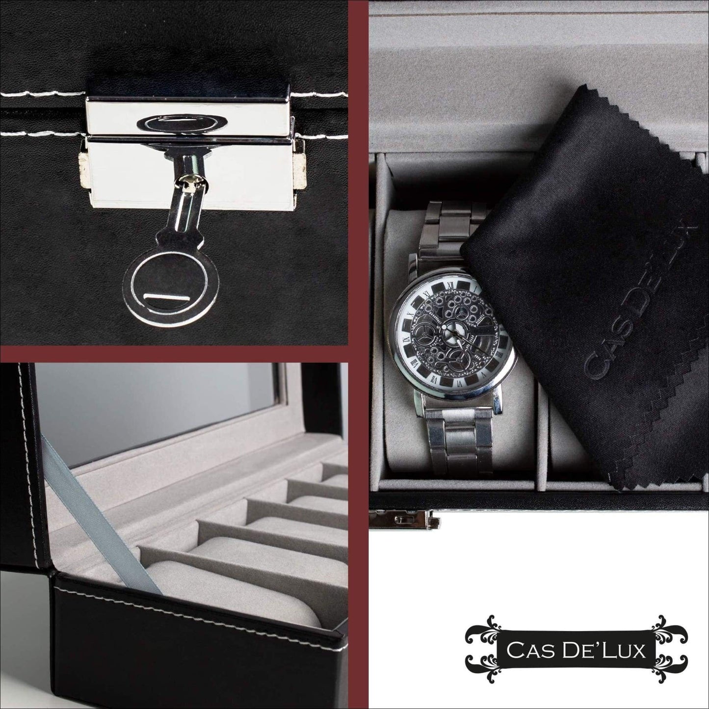 Luxury Watch Box 6 Velvet Pillow Slots, Premium Display Case with Framed Glass Lid, Elegant Contrast Stitching, Sturdy & Secure Lock - by
