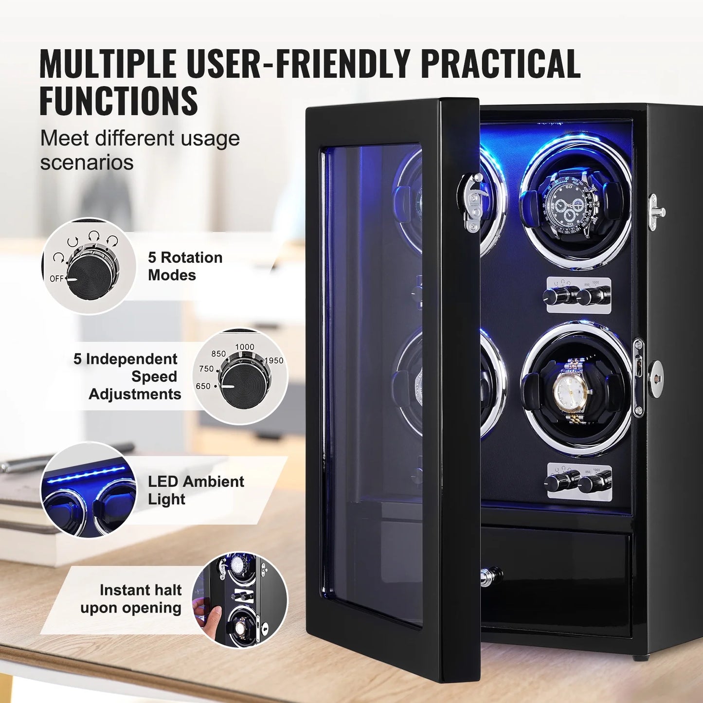 Watch Winder for 4 Automatic Watches with 4 Quiet Japanese Mabuchi Motors