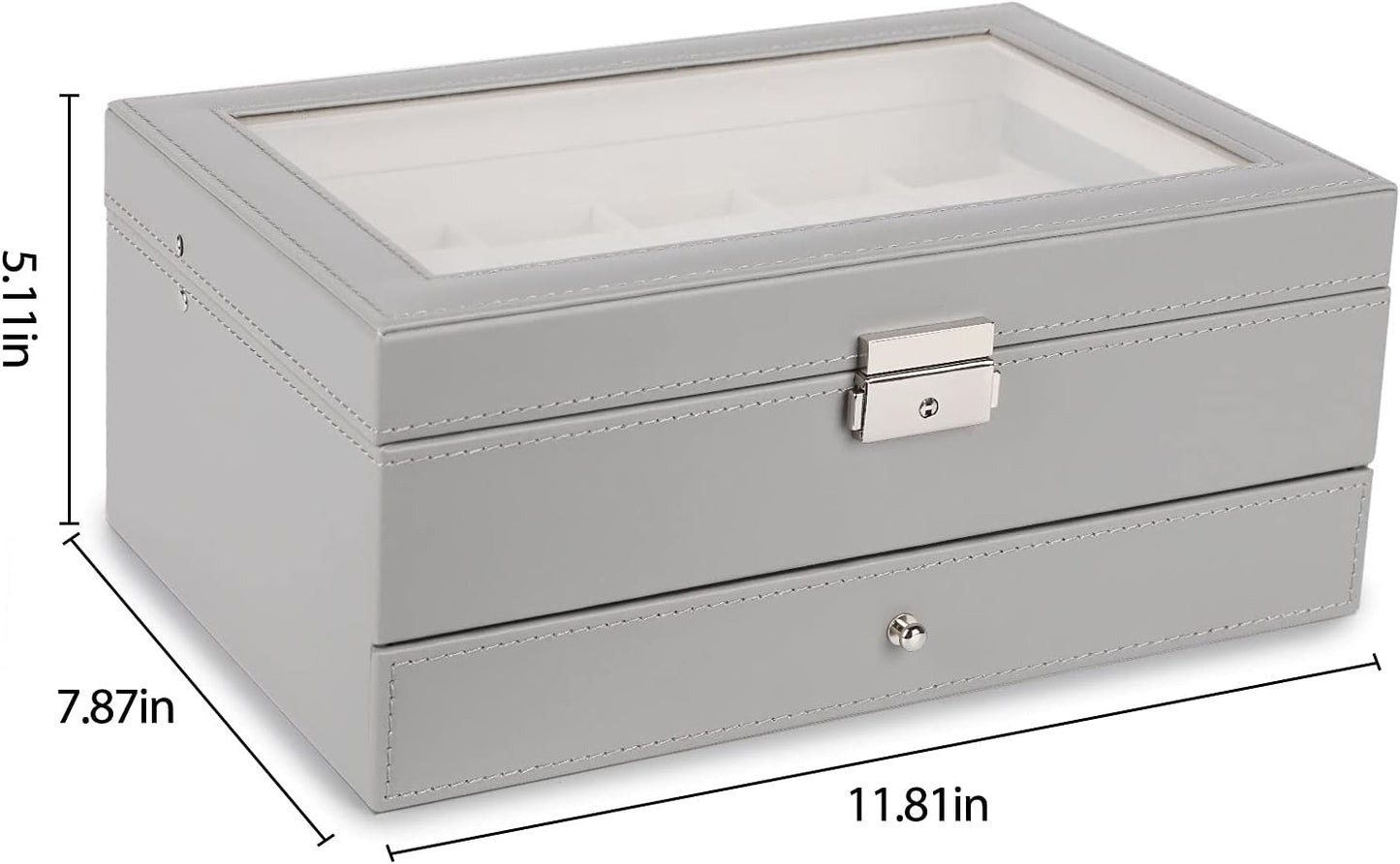 Watch Box 12 Slots, PU Leather Jewelry Box with Acrylic Top, Gray Display Case Organizer for Men and Women