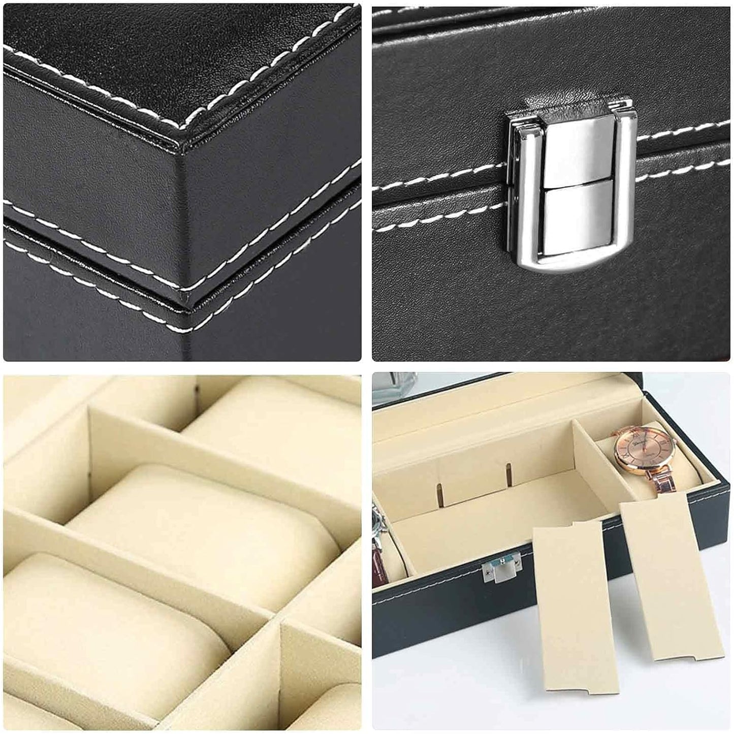 Watch Box Display Case, Leather Storage Organizer with Glass Top for Men and Women, 6 Slot, Black
