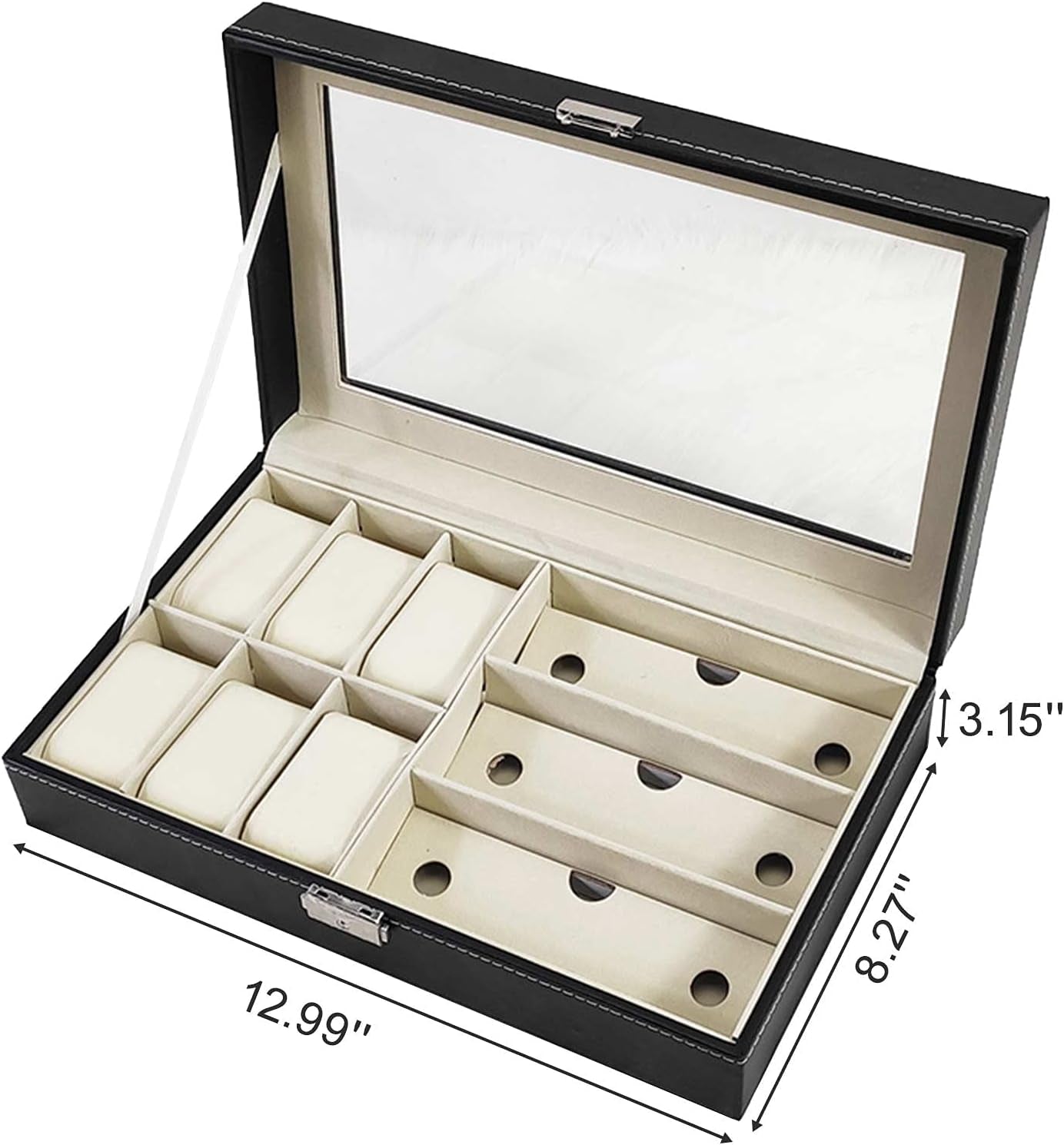 Watch Box, Sunglasses Display Case, Jewelry Storage Organizer with Glass Top for Men Women, Black