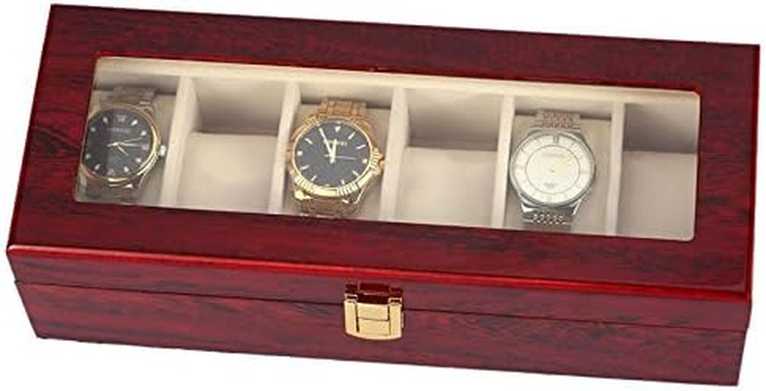 Zymise Watch Jewelry Box for Men 6 Slot Watch Case Display Box,Large Watch Display Case Organizer with Real Glass Window Top (6 Slots)