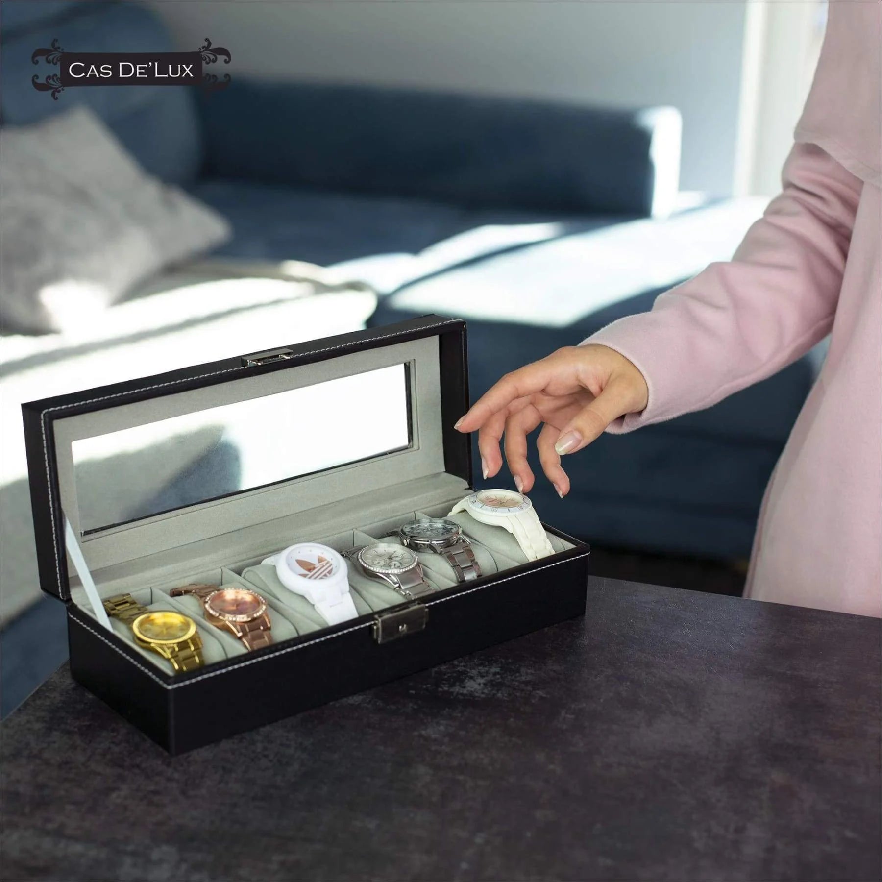 Luxury Watch Box 6 Velvet Pillow Slots, Premium Display Case with Framed Glass Lid, Elegant Contrast Stitching, Sturdy & Secure Lock - by