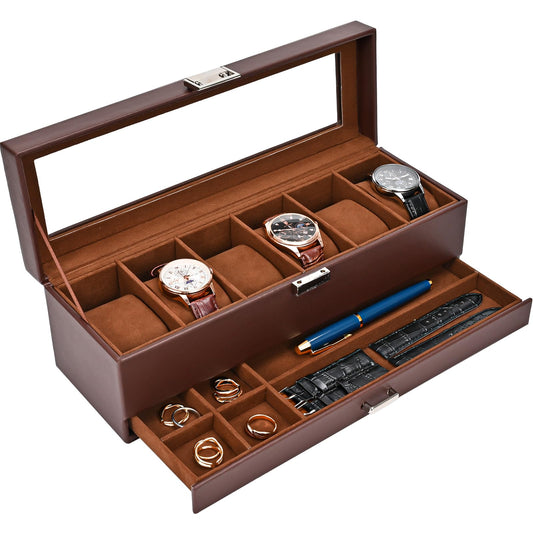 Watch Box Organizer for Men 6 Slot Watch Display Case with Drawer Christmas Gift Mens Watch Box Watch Case Holder 6 Watc