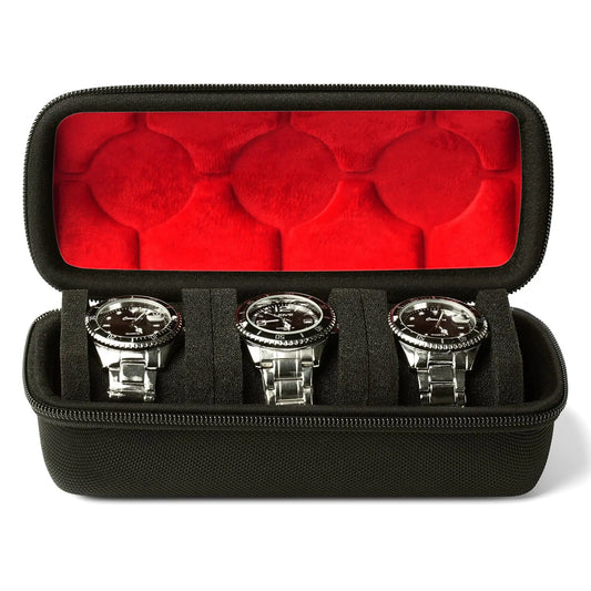 2/3/5 Slots Watch Travel Case,Hard Watch Roll, Travel Watch Organizer Case with Form-Fitting Pillow, Red Microfiber Lining