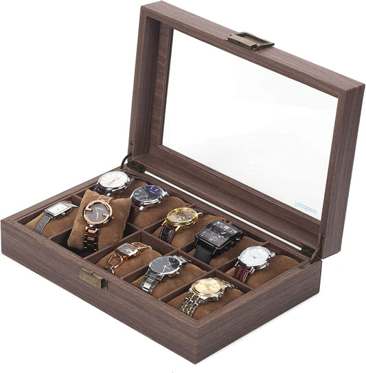 10 Slot PU Leather Watch Box Organizer Watch Case with Glass Top