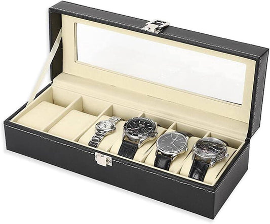 Watch Box Display Case, Leather Storage Organizer with Glass Top for Men and Women, 6 Slot, Black