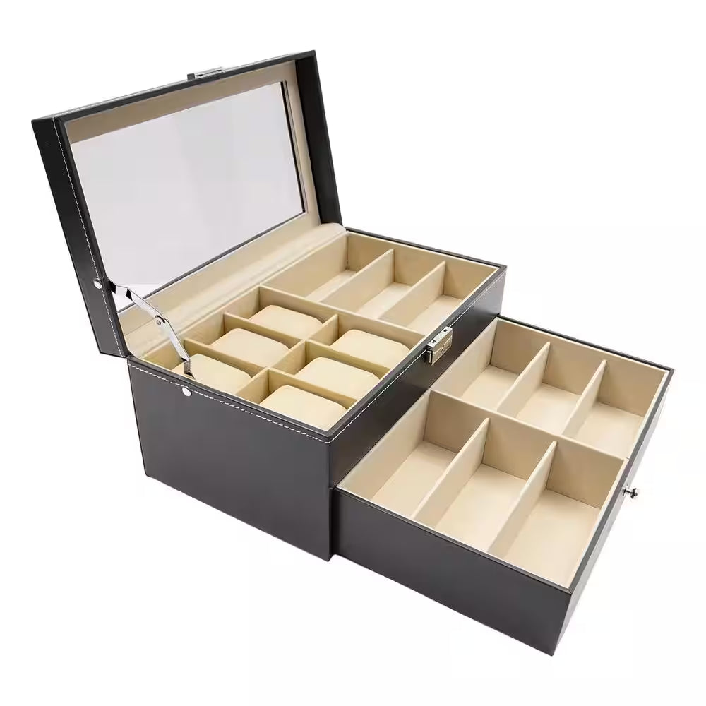 Black Leather 6-Watch and 9-Piece Eyeglasses Storage Display Box