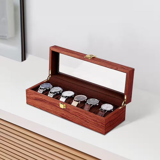 6 Slots Vintage Red Wooden Watch Box Display Organizer Jewelry Storage Case